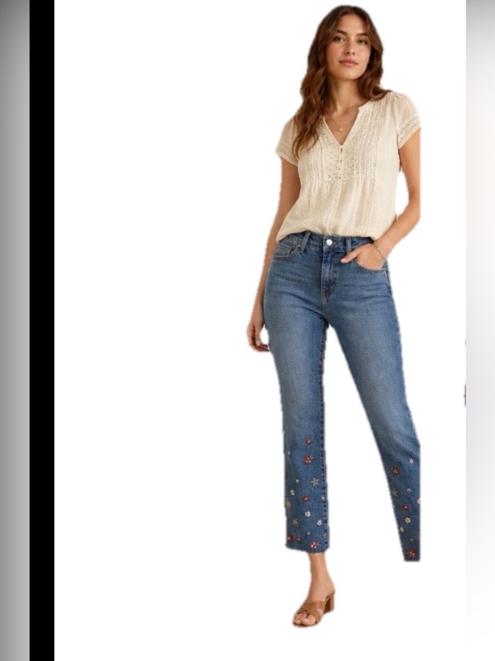Driftwood Charlotte Cropped Straight Jeans Floral Embroidered Blue Denim 4 NWT - Picture 1 of 14
